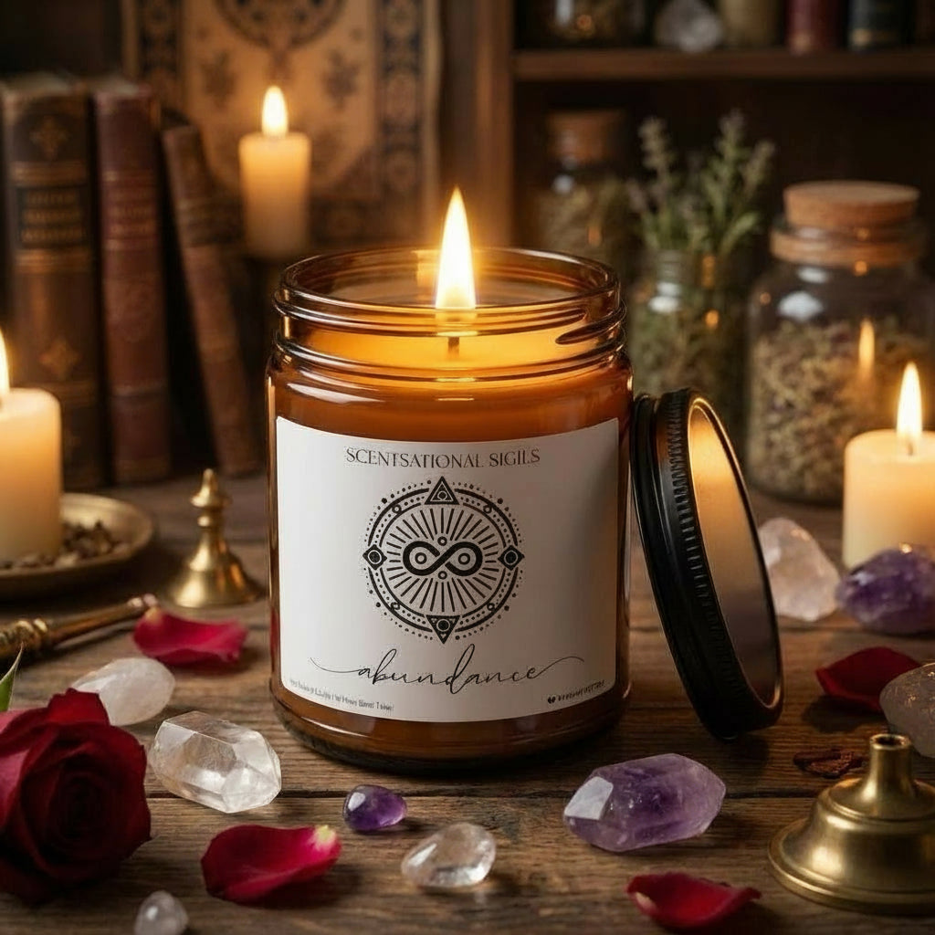 Amber glass intention candle featuring the Abundance sigil symbol with ‘abundance’ written in script underneath, displayed on an altar with sacred items