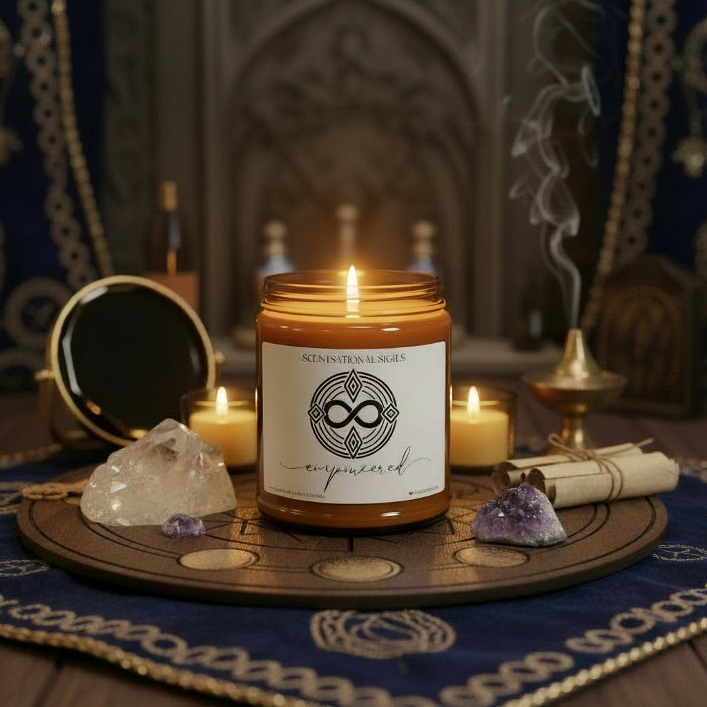 Amber glass intention candle featuring the Empowered sigil symbol with ‘empowered’ written in script underneath, displayed on an altar with sacred items