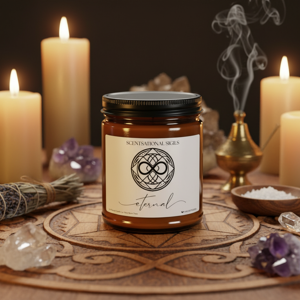 Amber glass intention candle featuring the Eternal sigil symbol with ‘eternal’ written in script underneath, displayed on an altar with sacred items