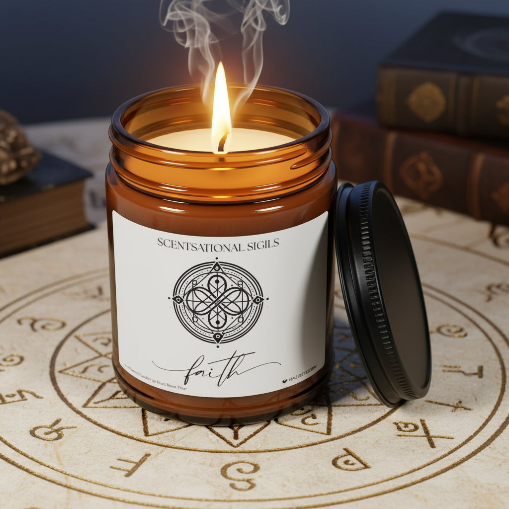 Amber glass intention candle featuring the Faith sigil symbol with ‘faith’ written in script underneath, displayed on an altar with sacred items