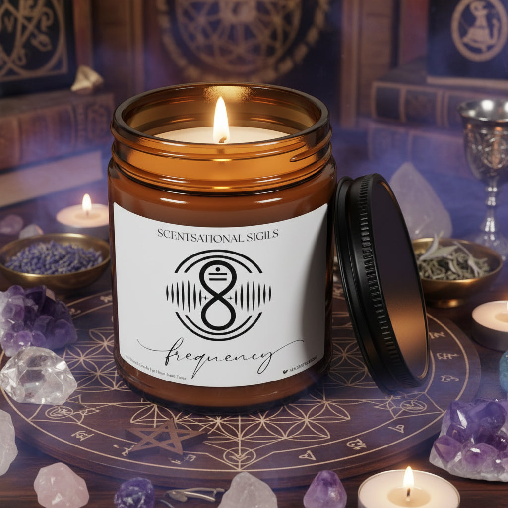 Amber glass intention candle featuring the Frequency sigil symbol with ‘frequency’ written in script underneath, displayed on an altar with sacred items