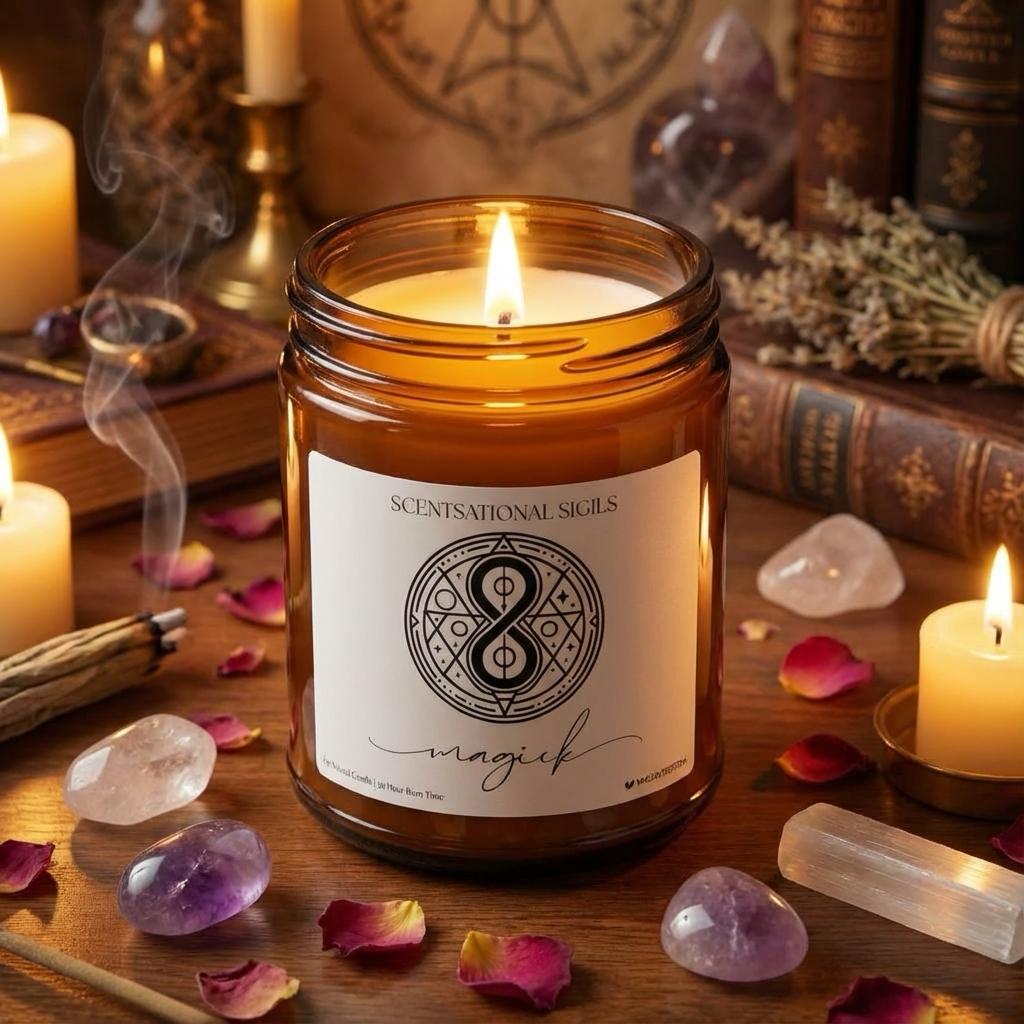 Amber glass intention candle featuring the Magick sigil symbol with ‘magick’ written in script underneath, displayed on an altar with sacred items