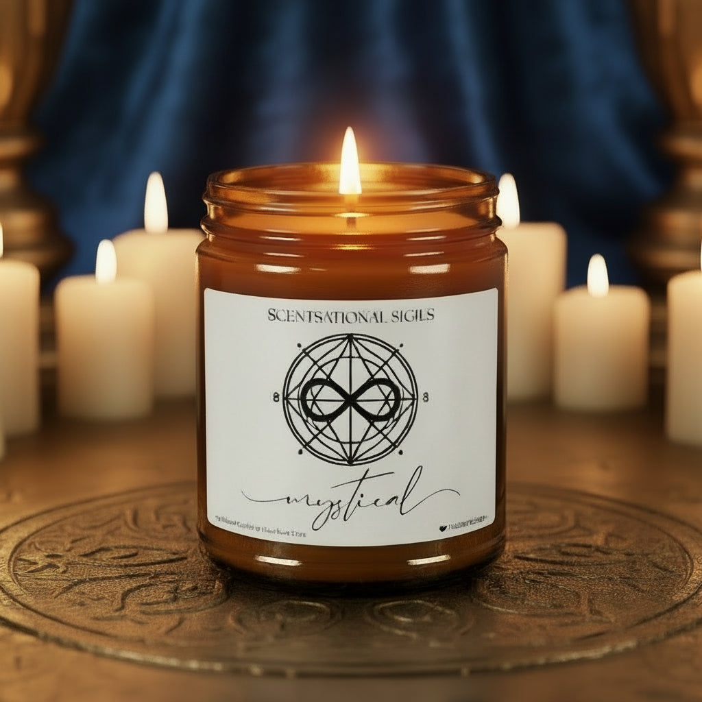 Amber glass intention candle featuring the Mystical sigil symbol with ‘mystical’ written in script underneath, displayed on an altar with sacred items