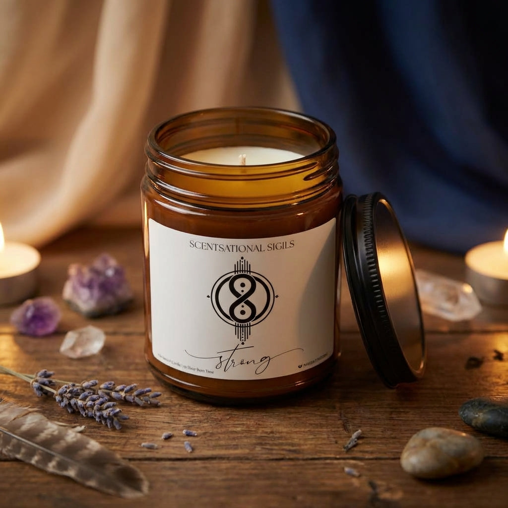 Amber glass intention candle featuring the Strong sigil symbol with ‘strong’ written in script underneath, displayed on an altar with sacred items