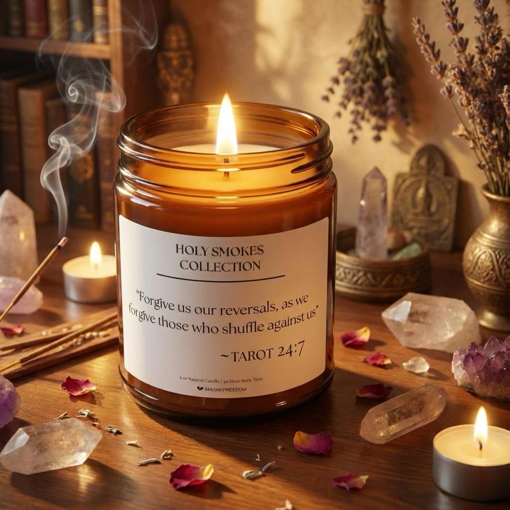 Holy Smokes Tarot candle arranged with altar items in a ritual-inspired setting.