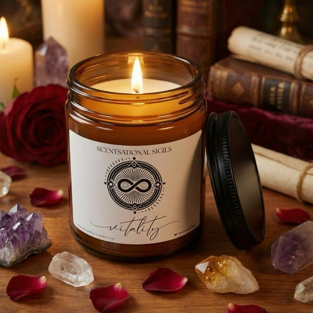 Amber glass intention candle featuring the Vitality sigil symbol with ‘vitality’ written in script underneath, displayed on an altar with sacred items