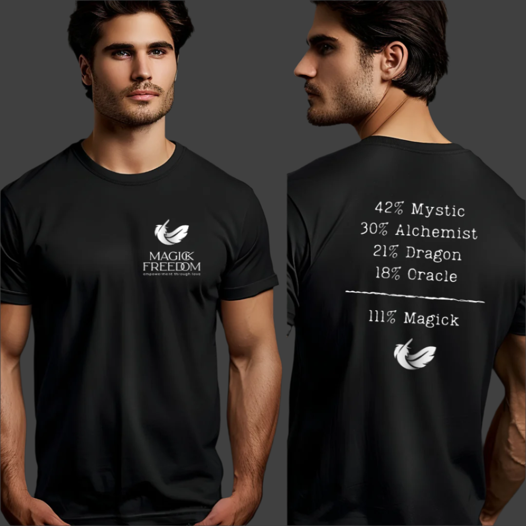 Model wearing a short sleeve, crew neck, 111% Magick T-shirt.
On the front left chest area is the Magick Freedom feather logo. 
The back of the shirt displays a breakdown of mystical archetypes, listing "42% Mystic, 30% Alchemist, 21%  Dragon, 18% Oracle," followed by a line and the phrase "111% Magick".
