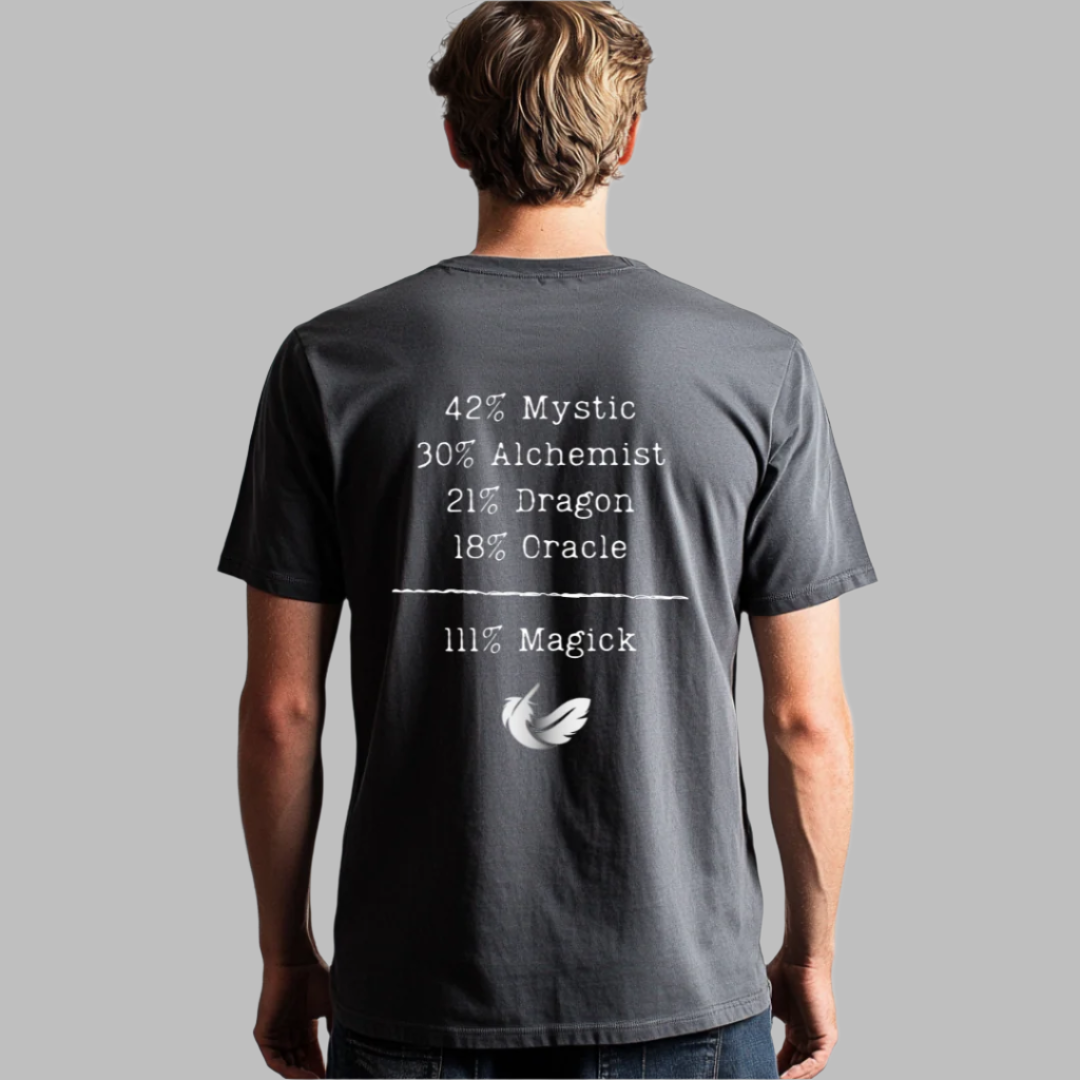 Model wearing a short sleeve, crew neck, 111% Magick T-shirt.
On the front left chest area is the Magick Freedom feather logo. 
The back of the shirt displays a breakdown of mystical archetypes, listing "42% Mystic, 30% Alchemist, 21%  Dragon, 18% Oracle," followed by a line and the phrase "111% Magick".
