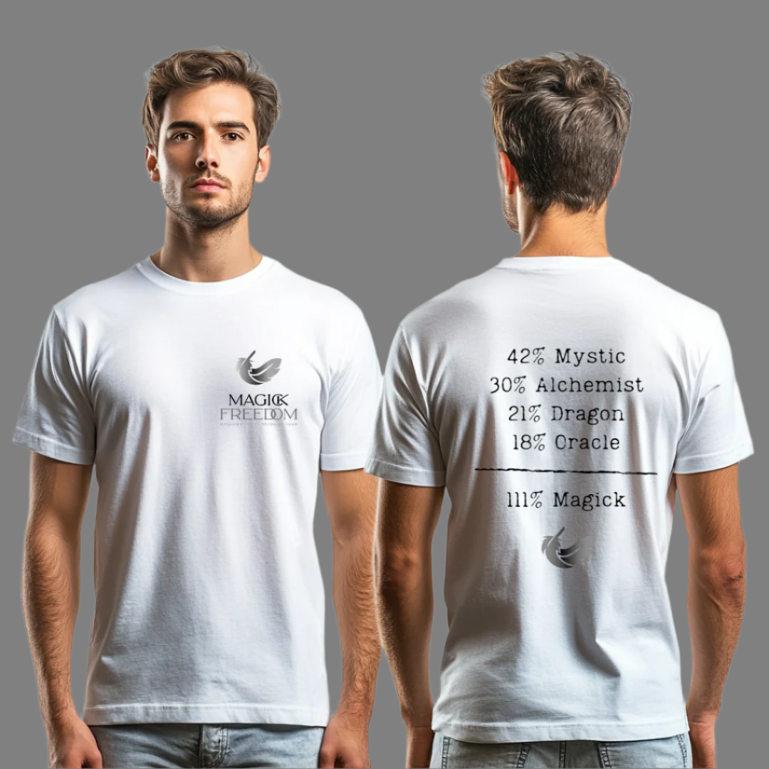 Model wearing a short sleeve, crew neck, 111% Magick T-shirt.
On the front left chest area is the Magick Freedom feather logo. 
The back of the shirt displays a breakdown of mystical archetypes, listing "42% Mystic, 30% Alchemist, 21%  Dragon, 18% Oracle," followed by a line and the phrase "111% Magick".
