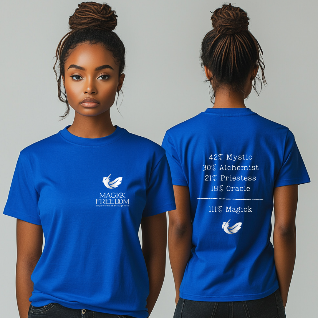 Model wearing a crew neck, 111% Magick t-shirt .On the front left chest area is the Magick Freedom feather logo. 
The back of the shirt displays a breakdown of mystical archetypes, listing "42% Mystic, 30% Alchemist, 21% Priestess, 18% Oracle," followed by a line and the phrase "111% Magick".
