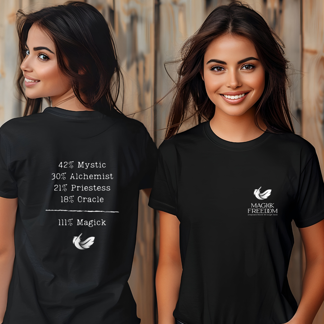 Model wearing a crew neck, 111% Magick t-shirt .On the front left chest area is the Magick Freedom feather logo. 
The back of the shirt displays a breakdown of mystical archetypes, listing "42% Mystic, 30% Alchemist, 21% Priestess, 18% Oracle," followed by a line and the phrase "111% Magick".
