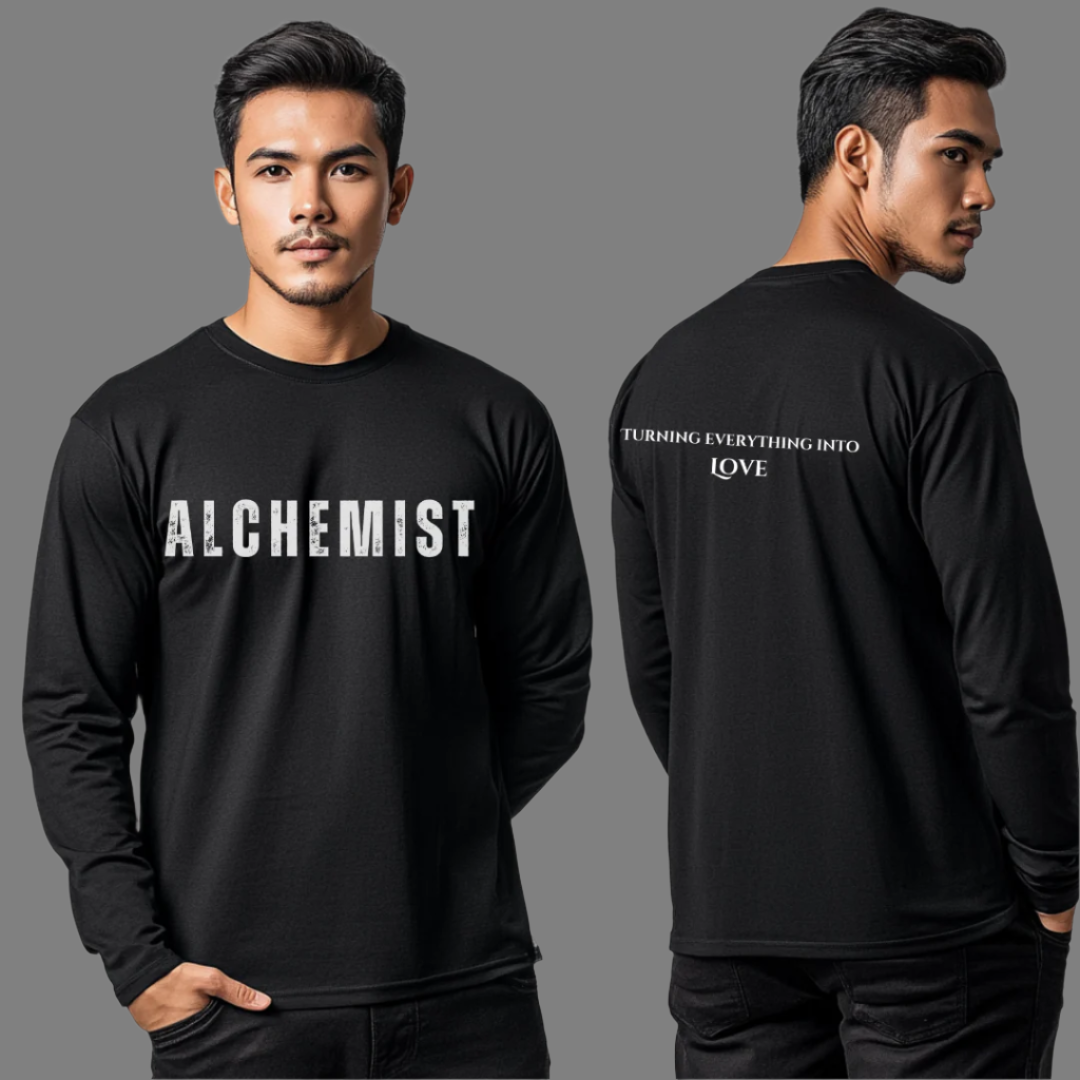 Model wearing crew neck long sleeve T-shirt that reads ALCHEMIST in distressed block letters across the chest. "Turning Everything Into Love" in two lines of smaller block letters is written on the back.
Embody love in all things.
