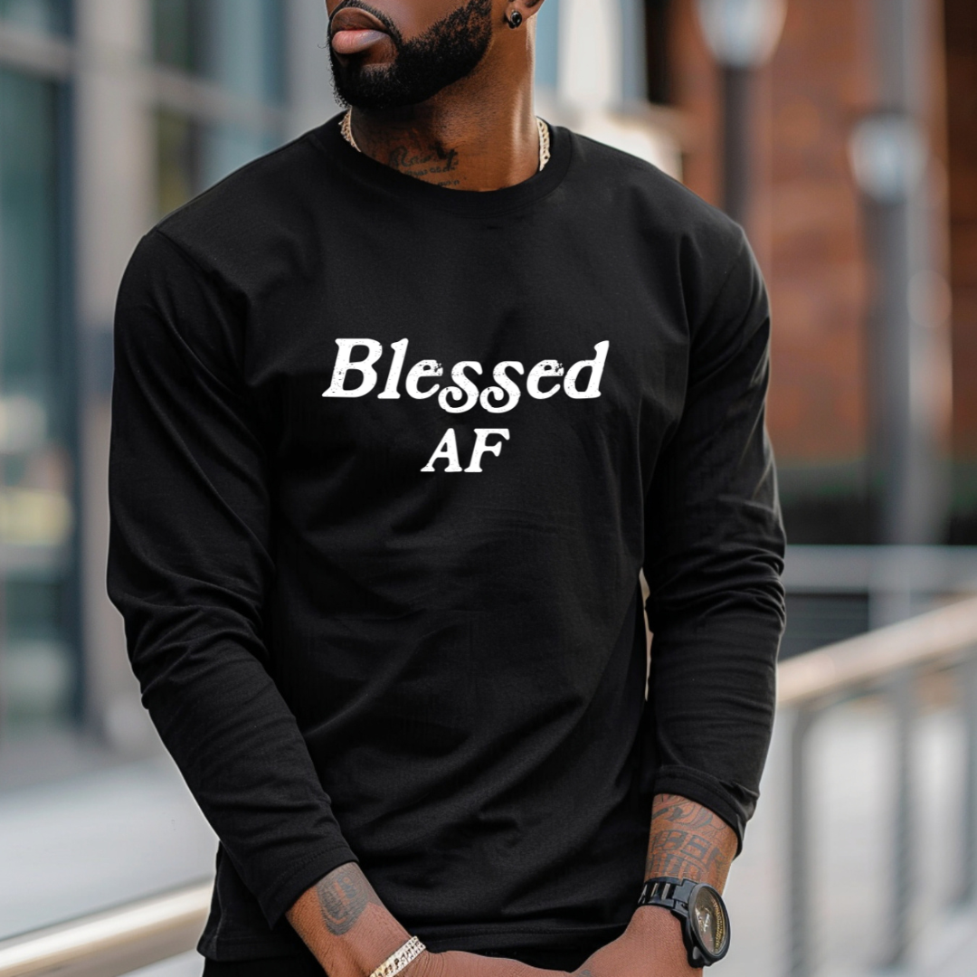Model wearing a crew neck, long sleeve T-shirt with Blessed AF printed in block letters and centered on the chest.
Wear it, own it, live it.