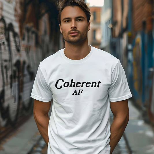 Model wearing a crew neck t-shirt with Coherent AF printed in block letters and centered on the chest.
Wear it, own it, live it.
