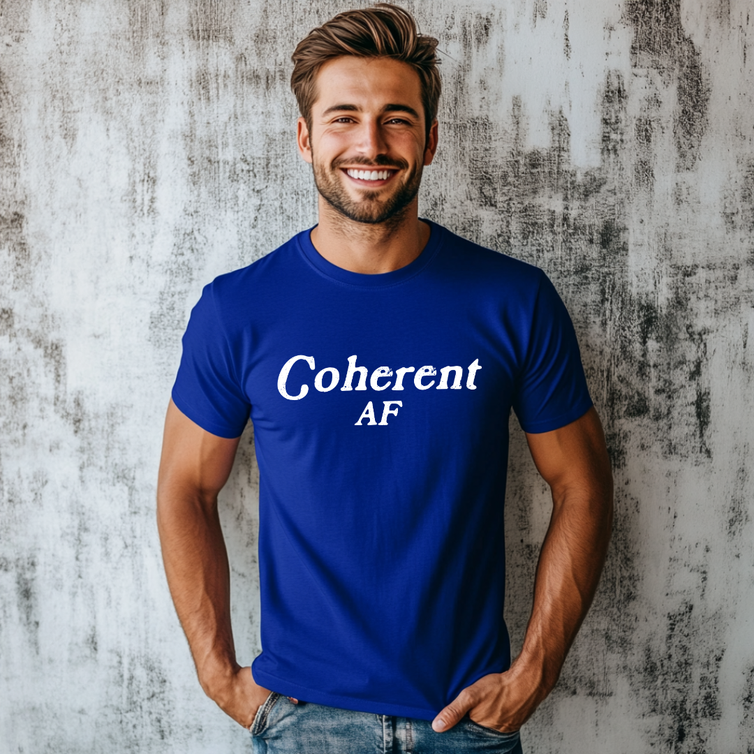 Model wearing a crew neck t-shirt with Coherent AF printed in block letters and centered on the chest.
Wear it, own it, live it.