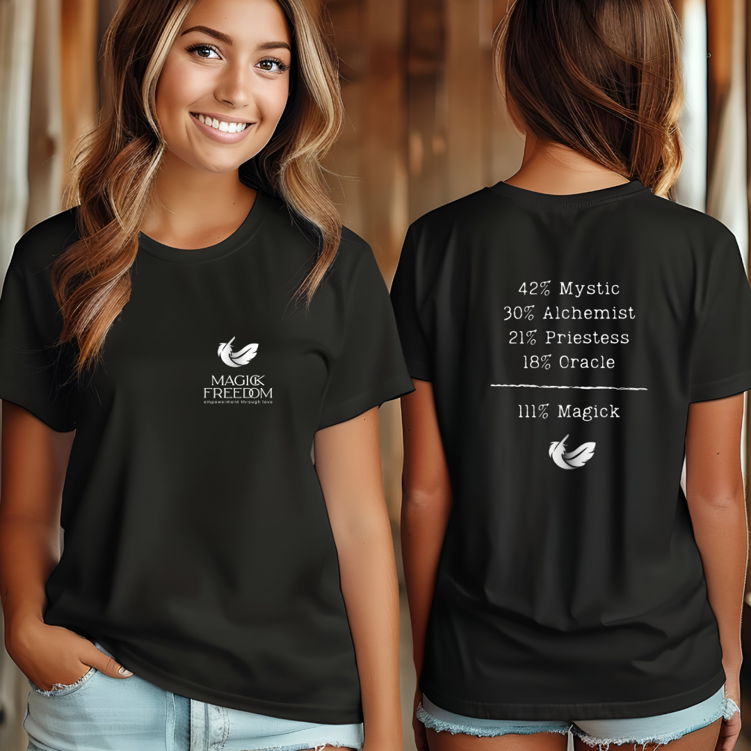 Model wearing a crew neck, 111% Magick t-shirt . On the front left chest area is the Magick Freedom feather logo. 
The back of the shirt displays a breakdown of mystical archetypes, listing "42% Mystic, 30% Alchemist, 21% Priestess, 18% Oracle," followed by a line and the phrase "111% Magick".
