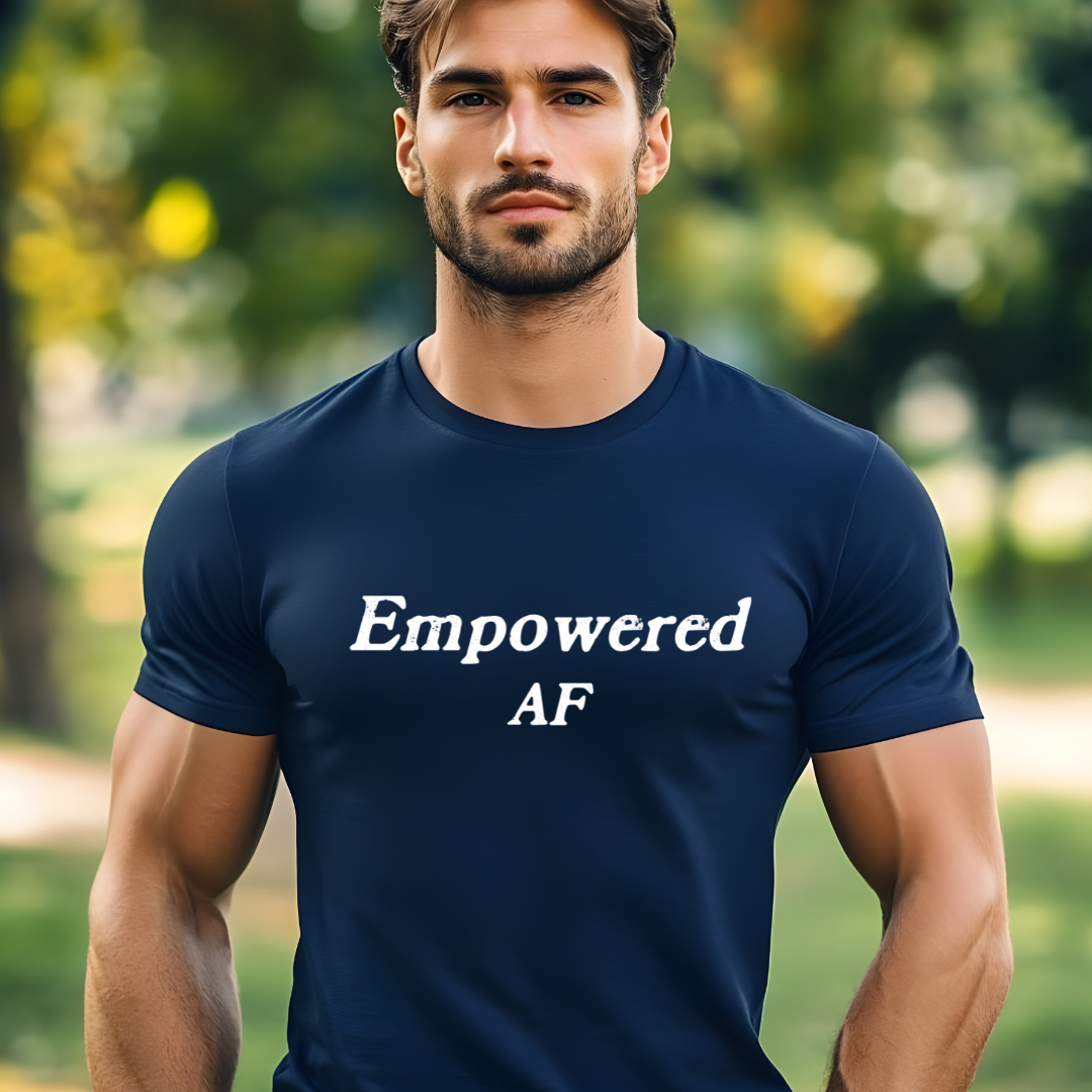 Model wearing a crew neck t-shirt with Empowered AF printed in block letters and centered on the chest.
Wear it, own it, live it.
