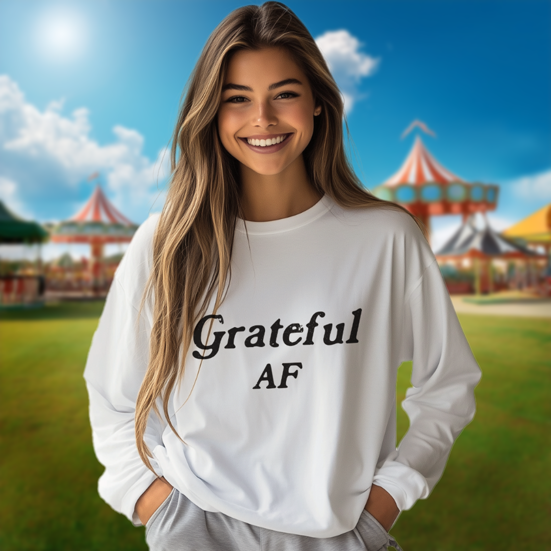 Model wearing a crew neck, long sleeve T-shirt with Grateful AF printed in block letters and centered on the chest.
Wear it, own it, live it.