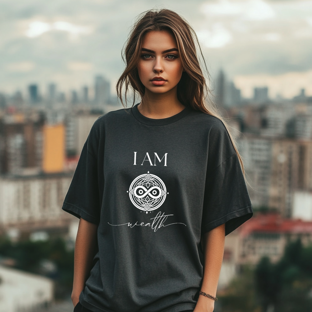 Model wearing a crew neck T-shit with symbolic sigil centered on the chest, representing wealth.
The shirt reads 'I AM' in block font above the sigil and 'wealth' in script font below the sigil.
Declare to the world: I AM wealth.

