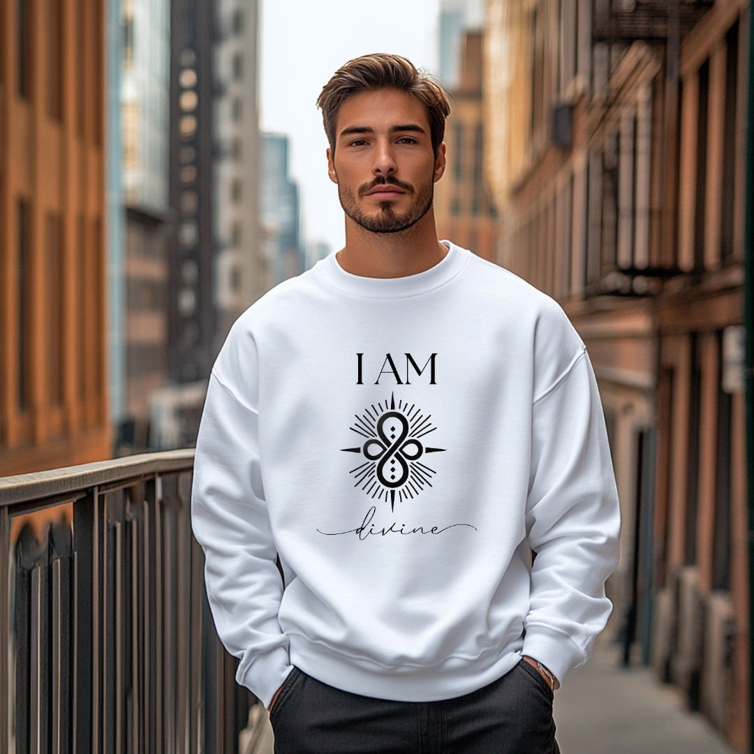 Model wearing a crew neck sweatshirt with symbolic sigil centered on the chest, representing divine.
The shirt reads 'I AM' in block font above the sigil and 'divine' in script font below the sigil.
Declare to the world: I AM divine.