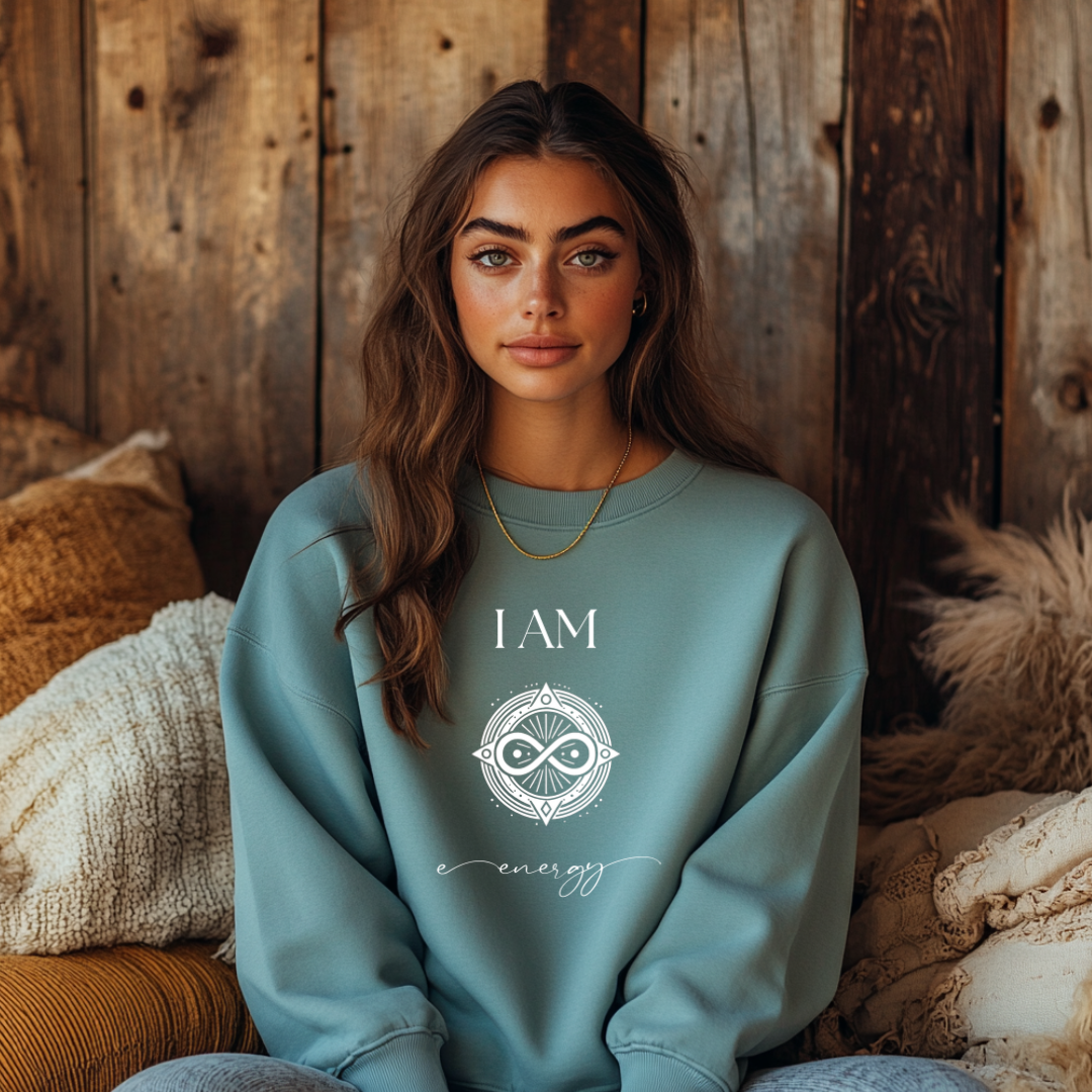 Model wearing a crew neck sweatshirt   with symbolic sigil centered on the chest, representing Energy.
The shirt reads 'I AM' in block font above the sigil and 'energy' in script font below the sigil.
Declare to the world: I AM Energy.

