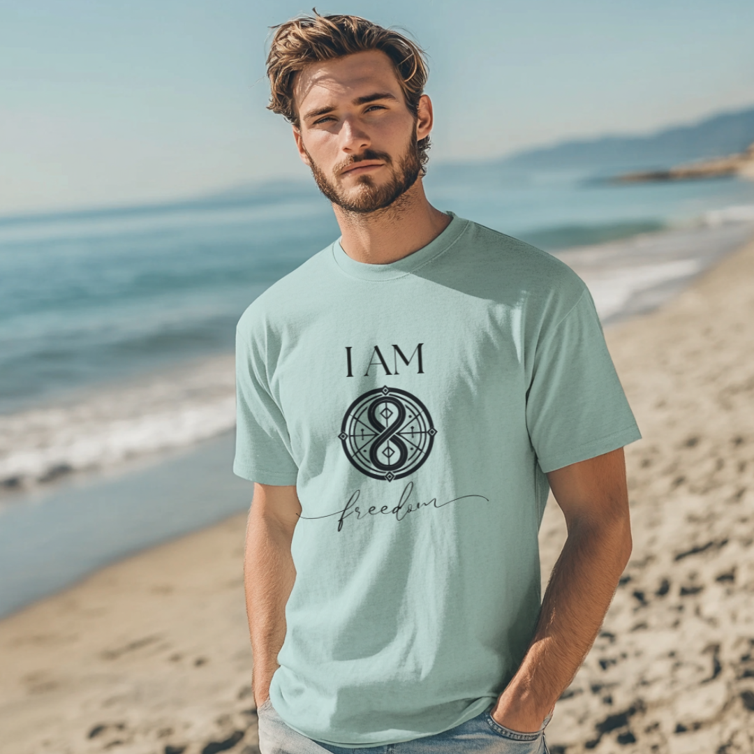 Model wearing a crew neck t-shirt with symbolic sigil centered on the chest, representing freedom. 
The shirt reads 'I AM' in block font above the symbol and 'freedom' in script font below.
Declare to the world: I AM Free.