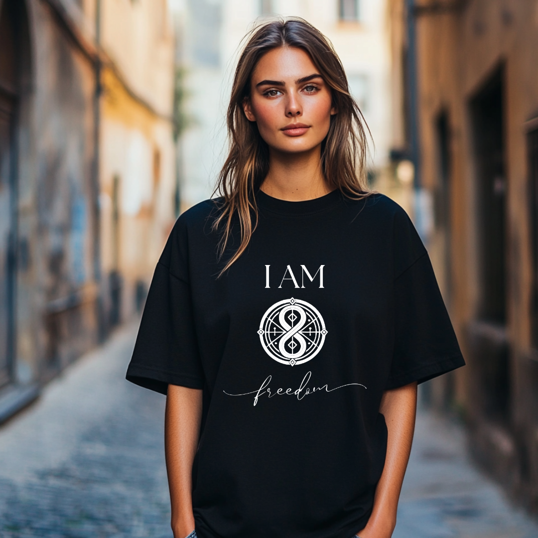 Model wearing a crew neck t-shirt with symbolic sigil centered on the chest, representing freedom. 
The shirt reads 'I AM' in block font above the symbol and 'freedom' in script font below.
Declare to the world: I AM Free.