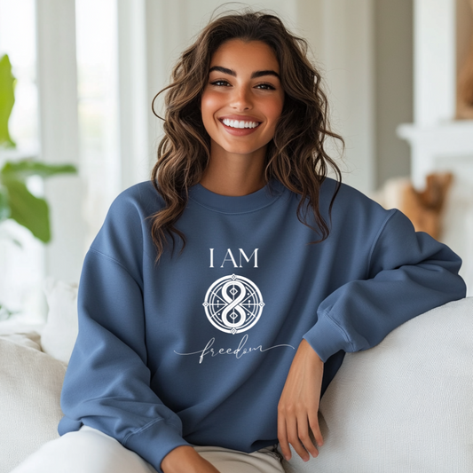 Model wearing a crew neck sweatshirt with symbolic sigil centered on the chest, representing freedom.
The shirt reads 'I AM' in block font above the sigil and 'freedom' in script font below the sigil.
Declare to the world: I AM Free.
