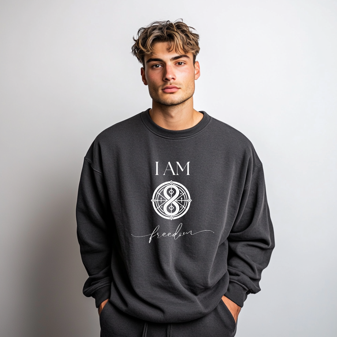 Model wearing a crew neck sweatshirt with symbolic sigil centered on the chest, representing freedom.
The shirt reads 'I AM' in block font above the sigil and 'freedom' in script font below the sigil.
Declare to the world: I AM Free.
