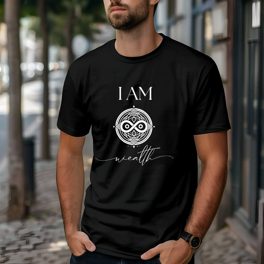 Model wearing a crew neck T-shit with symbolic sigil centered on the chest, representing wealth.
The shirt reads 'I AM' in block font above the sigil and 'wealth' in script font below the sigil.
Declare to the world: I AM wealth.

