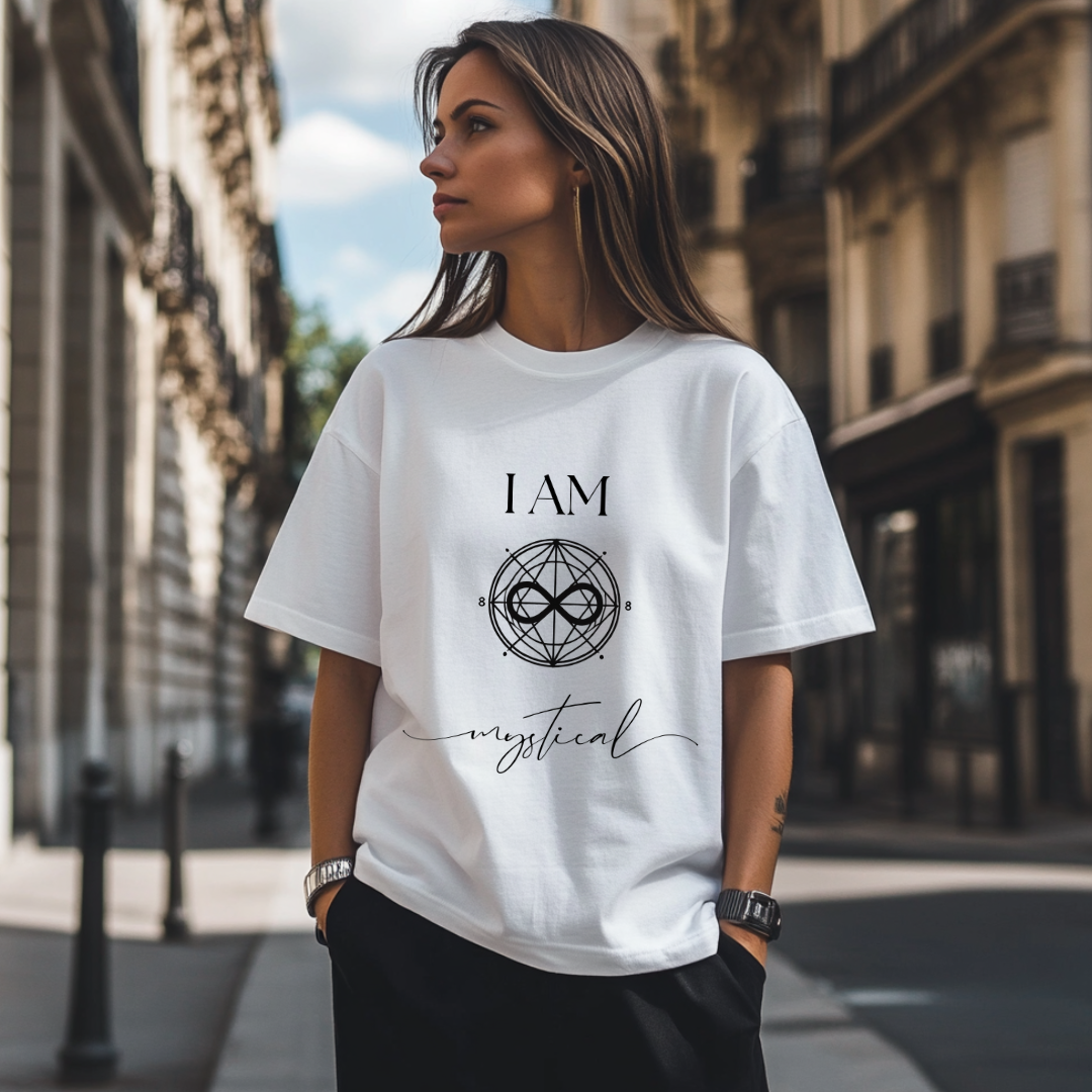Model wearing a crew neck t-shirt,  with symbolic sigil centered on the chest, representing mystical.
The shirt reads 'I AM' in block font above the sigil and 'mystical' in script font below the sigil.
Declare to the world: I AM mystical.