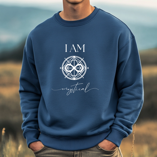 Model wearing a crew neck sweatshirt with symbolic sigil centered on the chest, representing mystical.
The shirt reads 'I AM' in block font above the sigil and 'mystical' in script font below the sigil.
Declare to the world: I AM mystical.