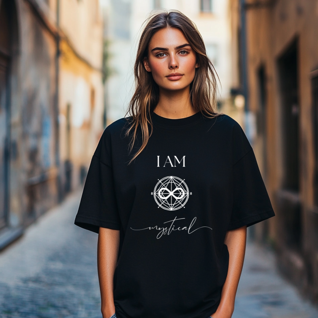 Model wearing a crew neck t-shirt,  with symbolic sigil centered on the chest, representing mystical.
The shirt reads 'I AM' in block font above the sigil and 'mystical' in script font below the sigil.
Declare to the world: I AM mystical.