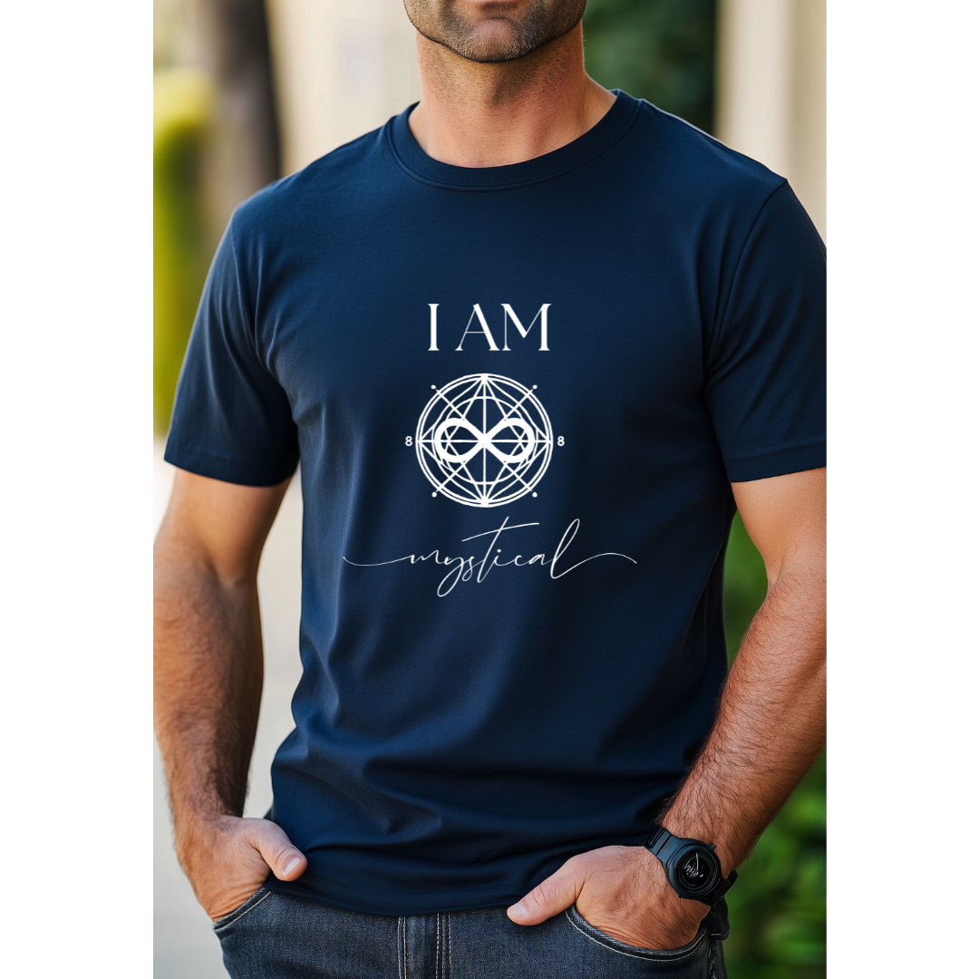 Model wearing a crew neck t-shirt,  with symbolic sigil centered on the chest, representing mystical.
The shirt reads 'I AM' in block font above the sigil and 'mystical' in script font below the sigil.
Declare to the world: I AM mystical.