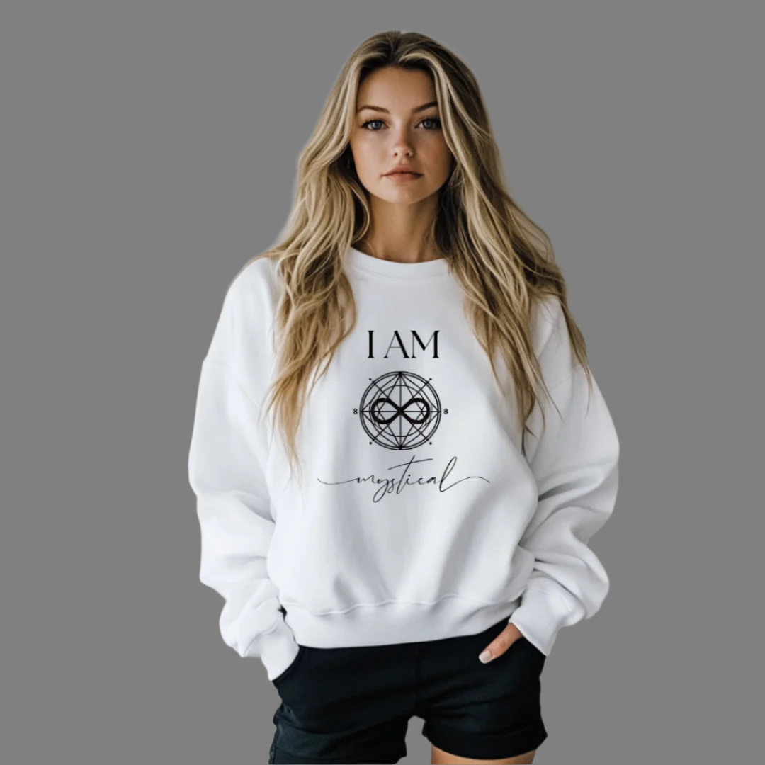 Model wearing a crew neck sweatshirt with symbolic sigil centered on the chest, representing mystical.
The shirt reads 'I AM' in block font above the sigil and 'mystical' in script font below the sigil.
Declare to the world: I AM mystical.
