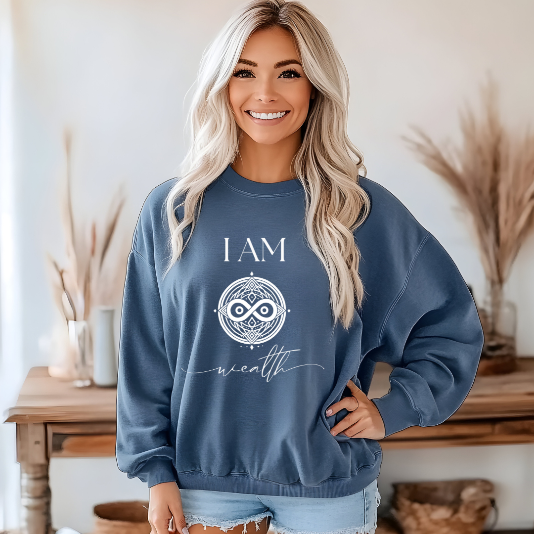 Model wearing a crew neck sweatshirt with symbolic sigil centered on the chest, representing wealth.The shirt reads 'I AM' in block font above the sigil and 'wealth' in script font below the sigil.
Declare to the world: I AM wealth.