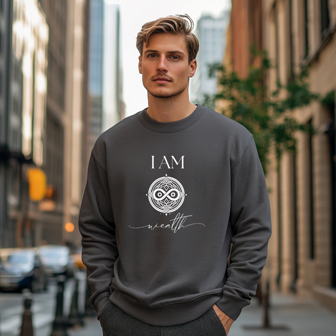Model wearing a crew neck sweatshirt with symbolic sigil centered on the chest, representing wealth.The shirt reads 'I AM' in block font above the sigil and 'wealth' in script font below the sigil.
Declare to the world: I AM wealth.