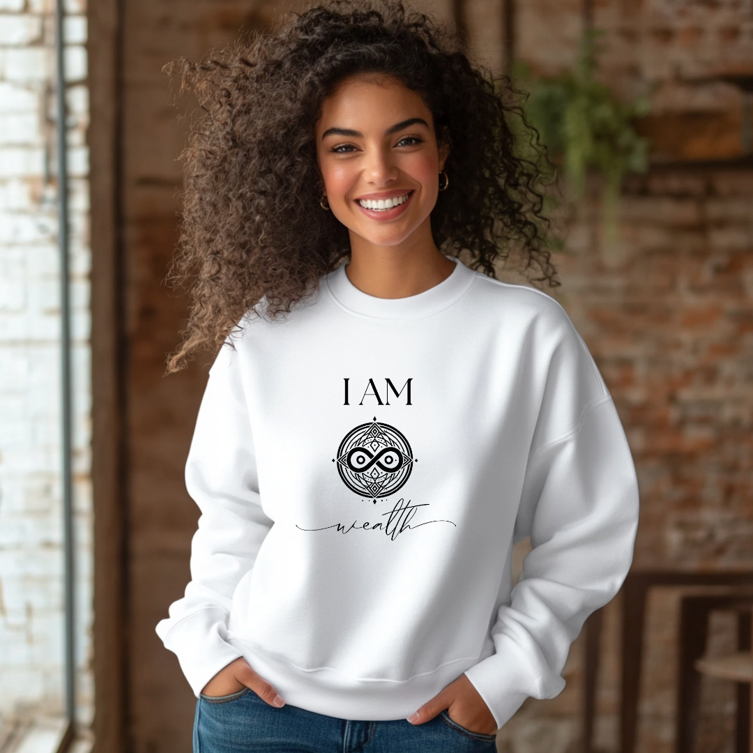 Model wearing a crew neck sweatshirt with symbolic sigil centered on the chest, representing wealth.The shirt reads 'I AM' in block font above the sigil and 'wealth' in script font below the sigil.
Declare to the world: I AM wealth.