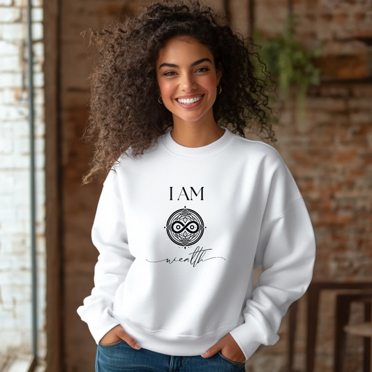 Model wearing a crew neck sweatshirt with symbolic sigil centered on the chest, representing wealth.The shirt reads 'I AM' in block font above the sigil and 'wealth' in script font below the sigil.
Declare to the world: I AM wealth.