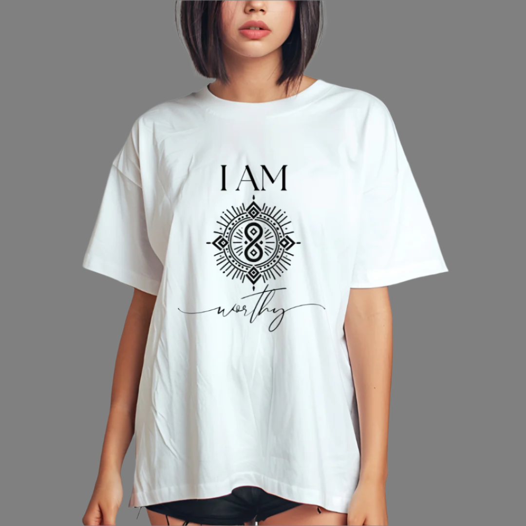Model wearing a crew neck T-shit with symbolic sigil centered on the chest, representing worthy.
The shirt reads 'I AM' in block font above the sigil and 'worthy' in script font below the sigil.
Declare to the world: I AM worthy.

