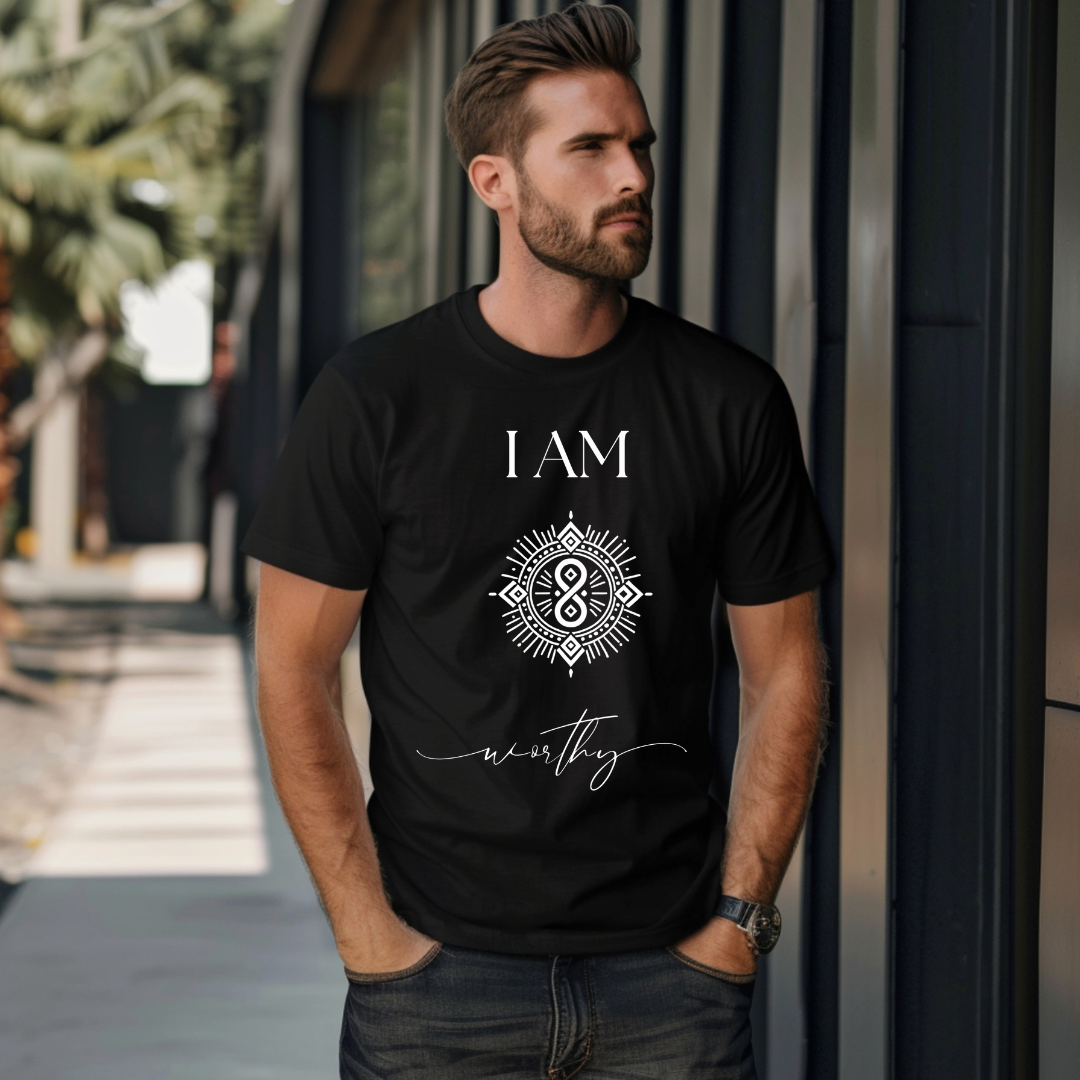 Model wearing a crew neck T-shit with symbolic sigil centered on the chest, representing worthy.
The shirt reads 'I AM' in block font above the sigil and 'worthy' in script font below the sigil.
Declare to the world: I AM worthy.


