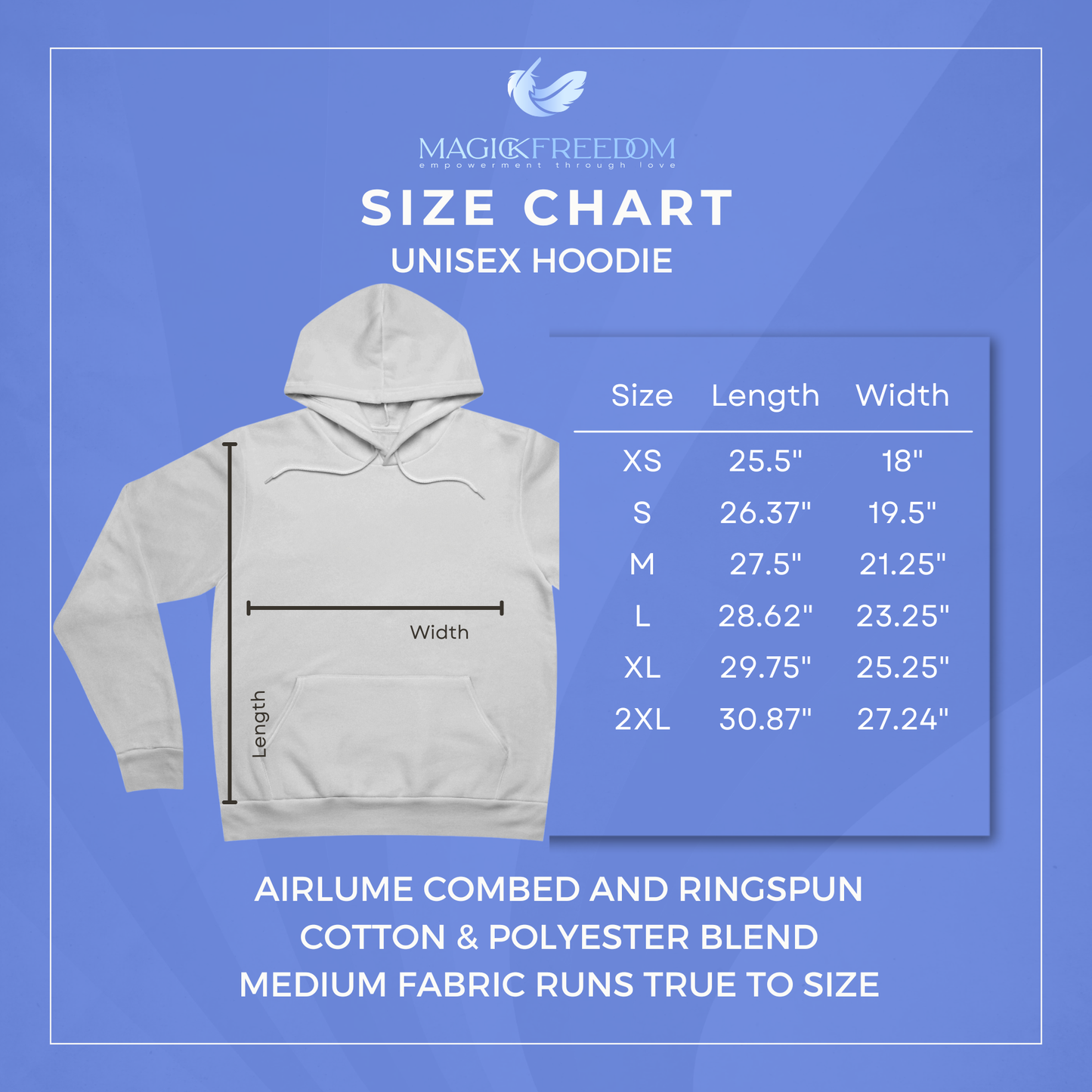 Size chart. Airlume combed and ringspun cotton & polyester blend. Medium fabric runs true to size.
Sizes (in inches: Length x Width)
S: 26.5 x 20
M: 27.5 x 22
L: 28.5 x 24
XL: 29.5 x 26
2XL: 30.5 x 28