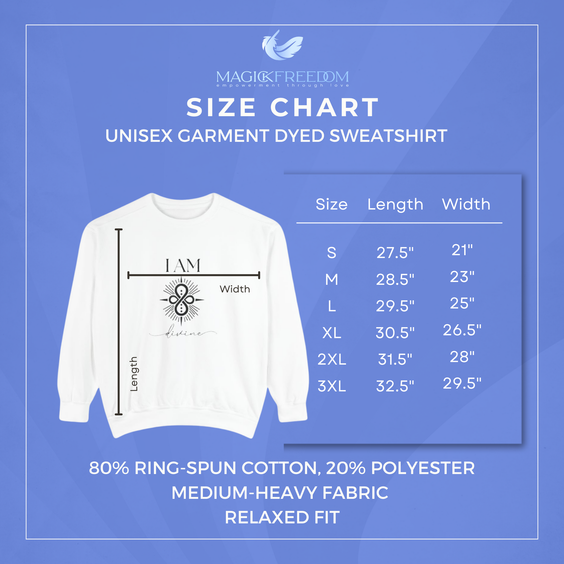 Comfort Colors garment dyed, 
80% ring-spun cotton, 20% polyester, medium-heavy fabric, relaxed fit
Size chart in inches, length x width:
Small 27.5 x 21
Medium 28.5 x 23
Large 29.5 x 25
X Large 30.5 x 26.5
2XL 31.5 x 28
3XL 32.5 x 29.5
