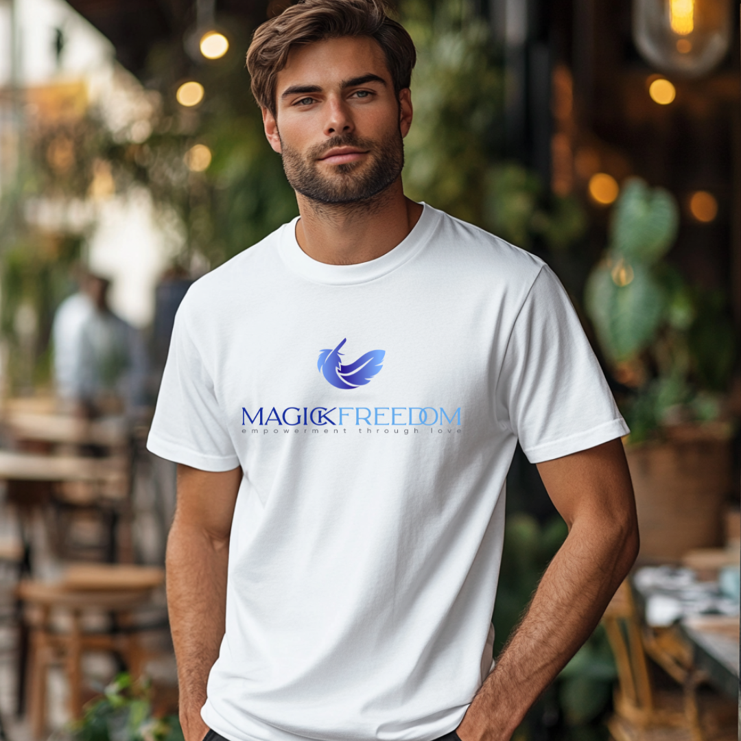 Model wearing Magick Freedom Feather Logo, crew neck, short sleeve T-shirt that says 
‘Magick Freedom’ across the chest, ‘empowerment through love’ underneath and the feather above. Authenticity, courage, magick!