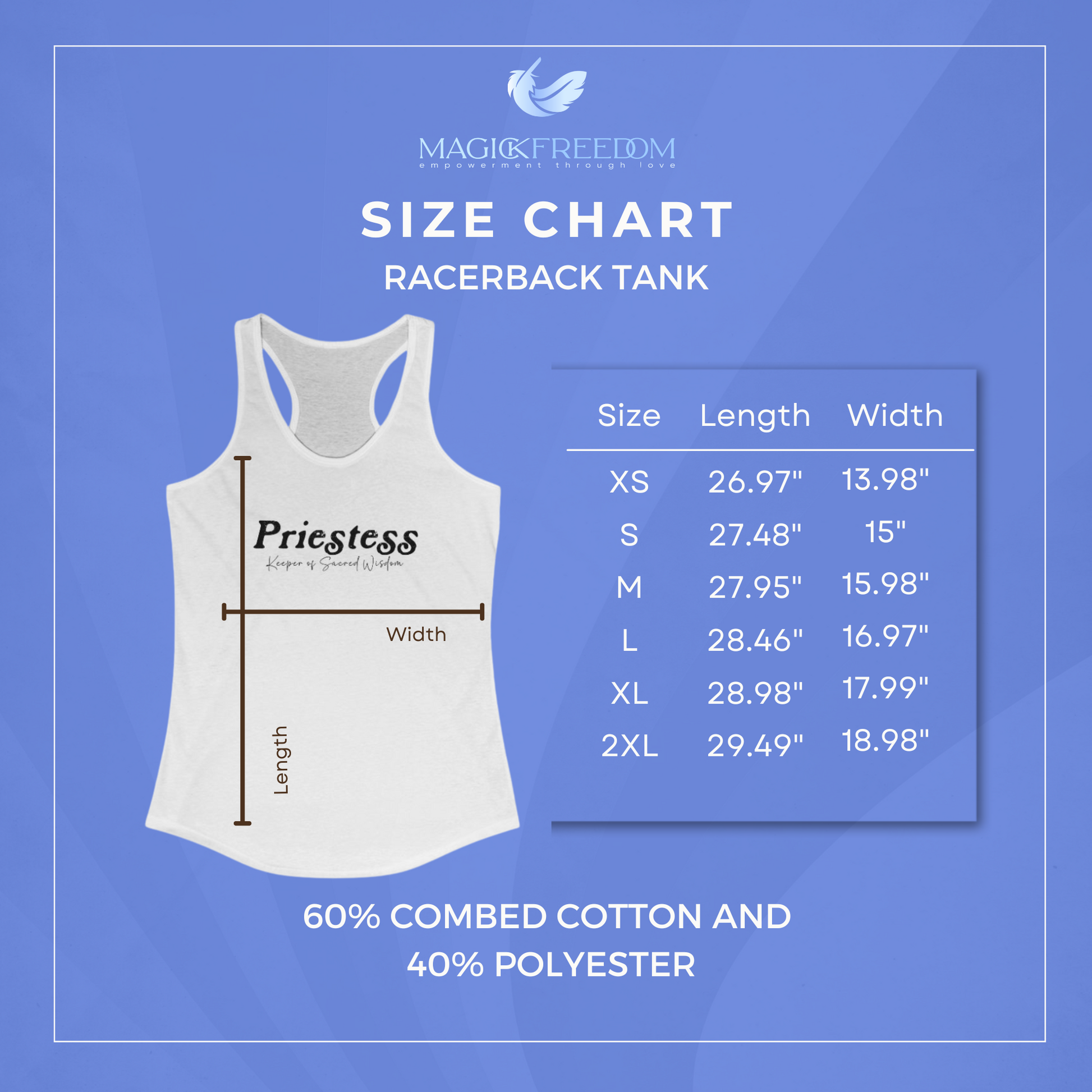 60% Combed cotton, 40% Polyester.
Sizes are in inches, Length x Width
XS: 27 x 14
S: 27.5 x 15
M: 28 x 16
L: 28.5 x 17
XL: 29 x 18
2XL: 29.5 x 19.5
Measurements are approximate and may have slight variations due to manufacturing processes.
