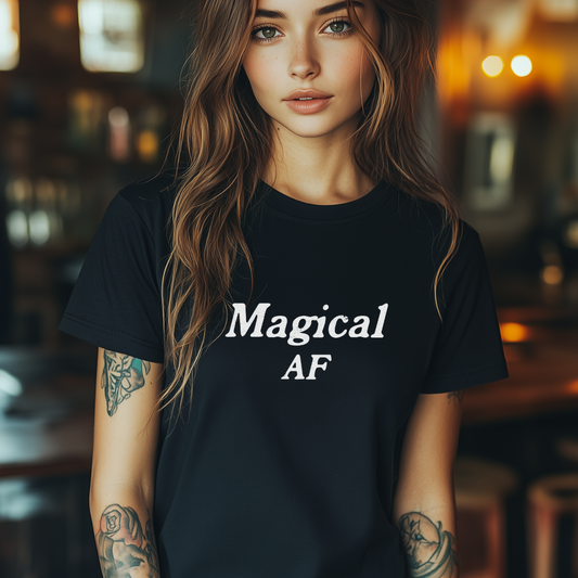 Model wearing a crew neck t-shirt with Magical AF printed in block letters and centered on the chest.
Wear it, own it, live it.
