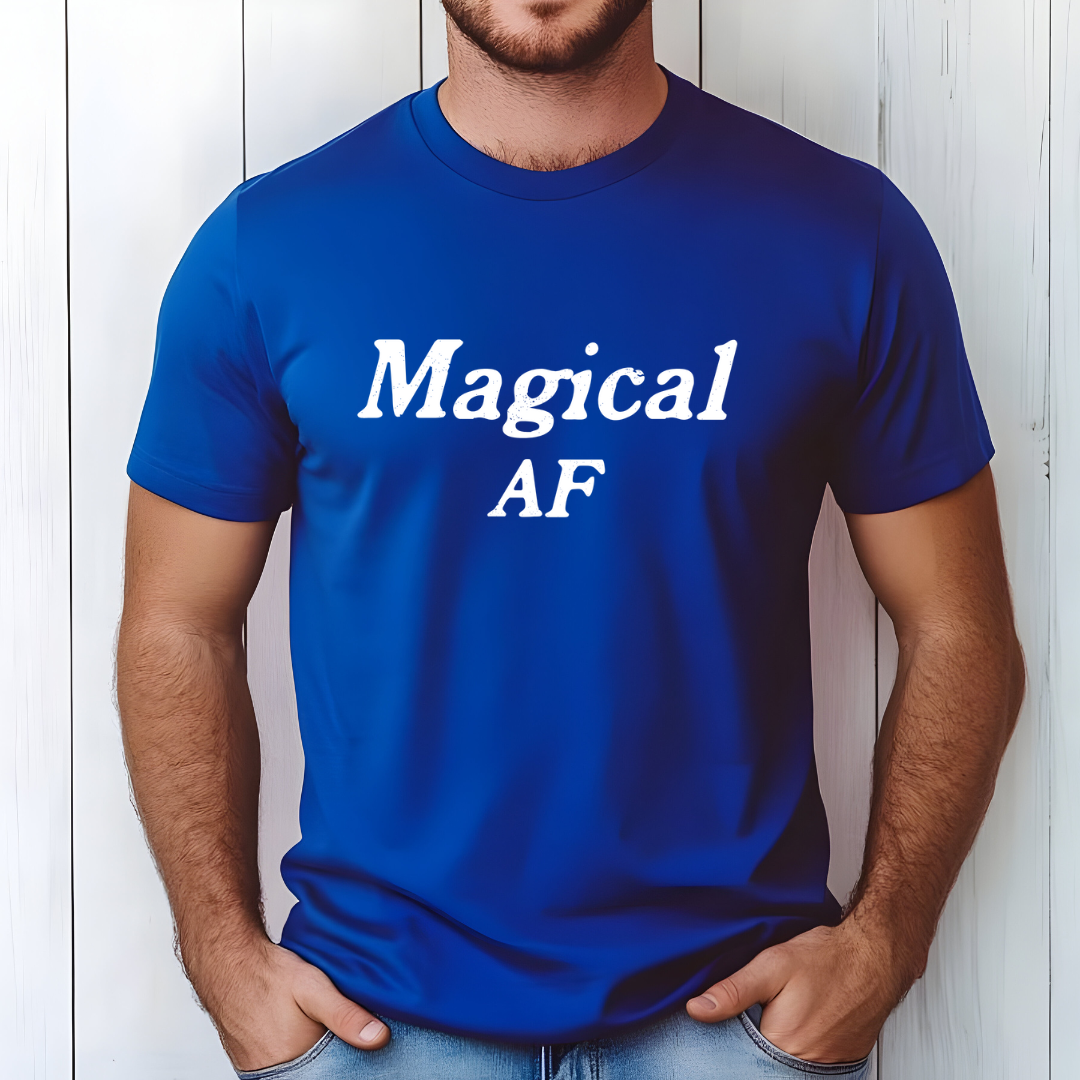Model wearing a crew neck t-shirt with Magical AF printed in block letters and centered on the chest.
Wear it, own it, live it.
