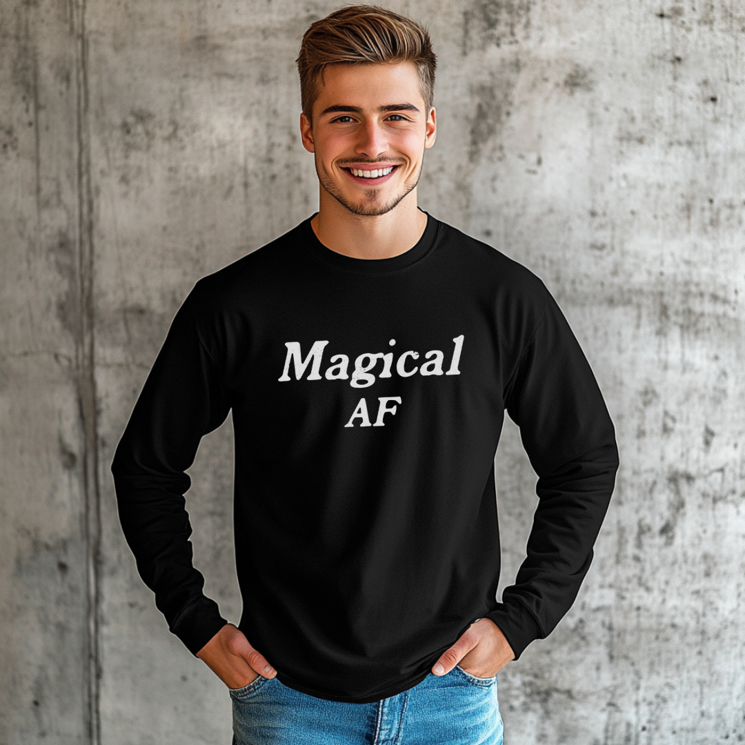 Model wearing a crew neck, long sleeve T-shirt with Magical AF printed in block letters and centered on the chest.
Wear it, own it, live it