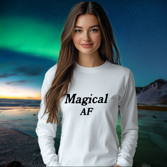 Model wearing a crew neck, long sleeve T-shirt with Magical AF printed in block letters and centered on the chest.
Wear it, own it, live it