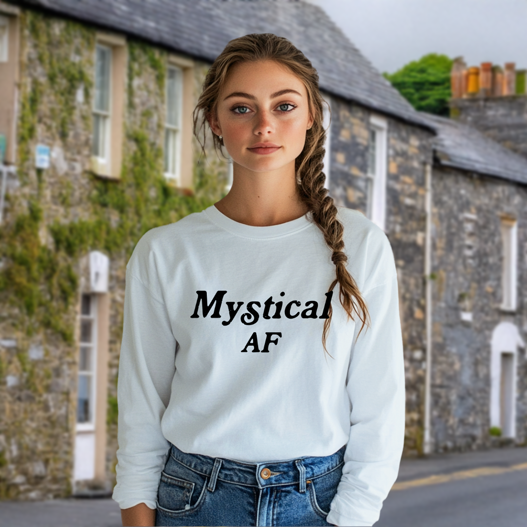 Model wearing a crew neck, long sleeve T-shirt with Mystical AF printed in block letters and centered on the chest.
Wear it, own it, live it.